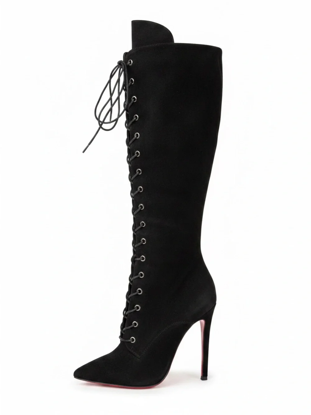 Black Lace-Up Knee-High Stiletto Boots - Women